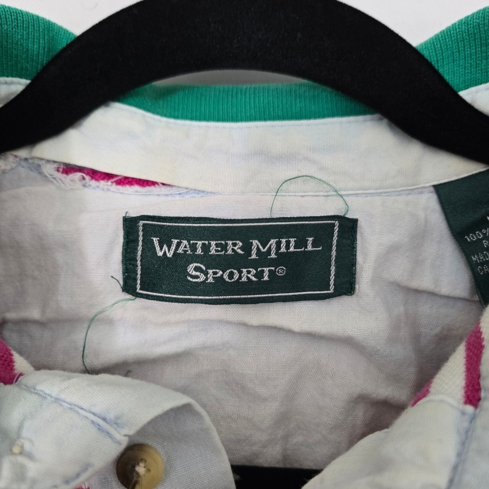 Vint 90s Water Mill Sport Polo Shirt Mens M Pink Green Striped Boxy Grandpacore - Picture 3 of 10